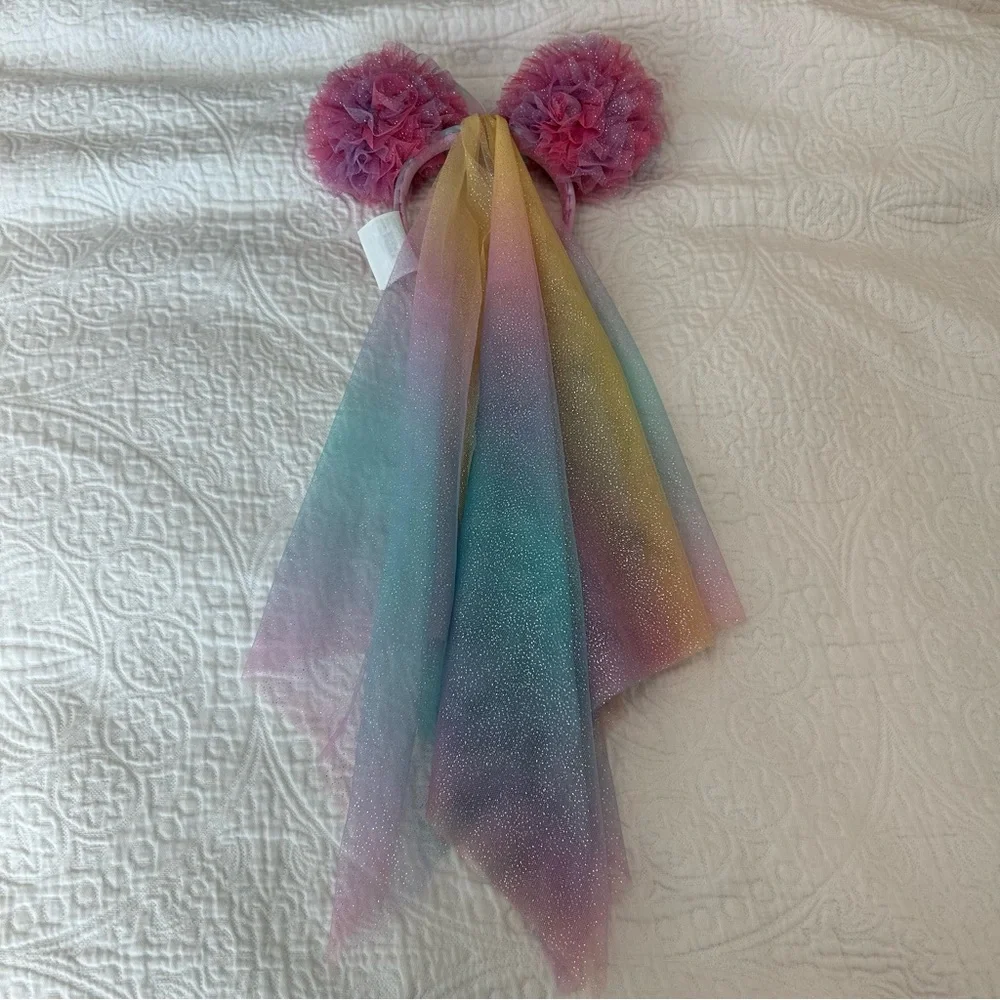 Disney mouse ears headband Pastel Rainbow Tulle Cape with Pom Poms EUC